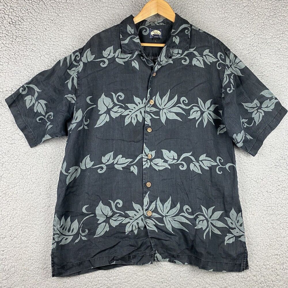 Vintage‎ Tommy Bahama 100% Linen Men's Hawaiian Shirt Size M Black Floral Camp *